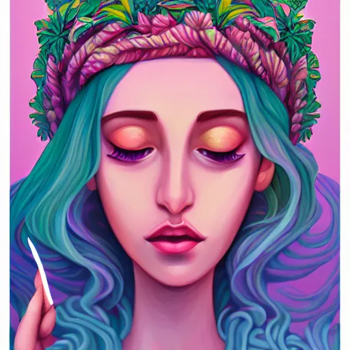 Prompt: goddess of plant medicine, and art by lois van baarle highly detailed painting trending on arstation vivid colors cannabis