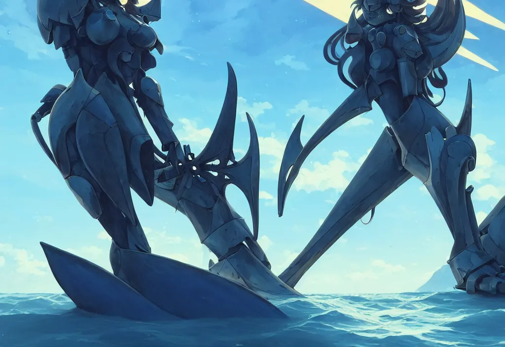 Prompt: close up of a mech armor witch holding a trident, extremely beautiful and aesthetic and detailed cute face and body, back shark fin, big wave horizon, specular reflection, occlusion shadow, dynamic pose, slightly smiling, blue sky, big blade whale and black giants minotaurus, fantasy illustrations, by makoto shinkai and peter mohrbacher and ferdinand knab