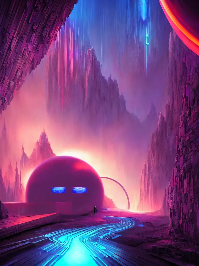 Prompt: entrance to ethereal realm, matrix enlightenment, rendered in unreal engine, central composition, symmetrical composition, dreamy colorful cyberpunk colors, 6 point perspective, fantasy landscape with anthropomorphic!!! terrain!!! in the styles of igor morski, jim warren and rob gonsalves, intricate, hyperrealistic, volumetric lighting, neon ambiance, distinct horizon