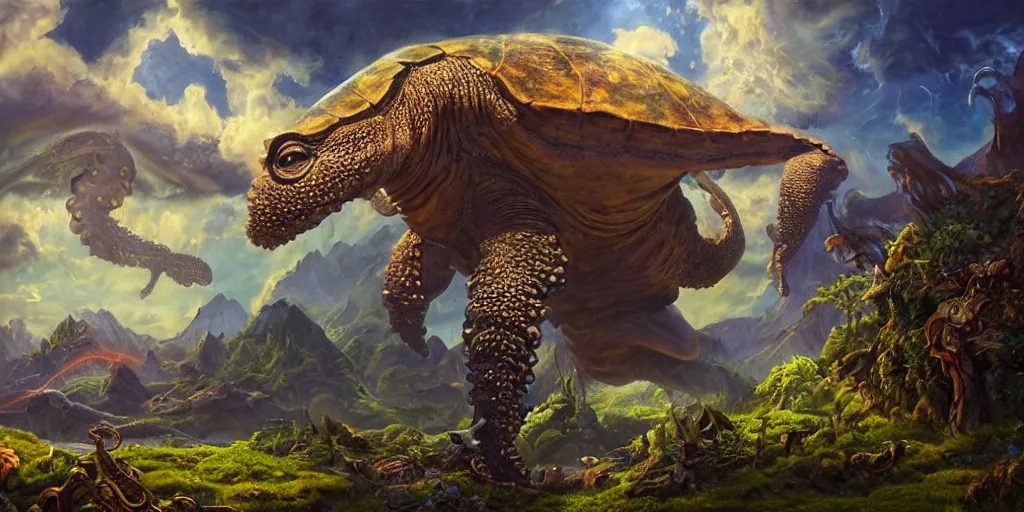 Image similar to fantasy oil painting, great leviathan, cybernetic turtle cephalopod terrapin reptilian pachyderm squid, bella hadid, hybrid, milla jovovich, anubis, epic natural light, lush plants flowers, spectacular mountains, bright clouds, luminous sky, outer worlds, golden hour, michael cheval, edward hopper, michael whelan, vray, hd