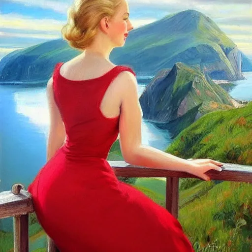 Prompt: 1950s beautiful!!! blonde looking over a Norwegian fjord, painting by !Vladimir Volegov!