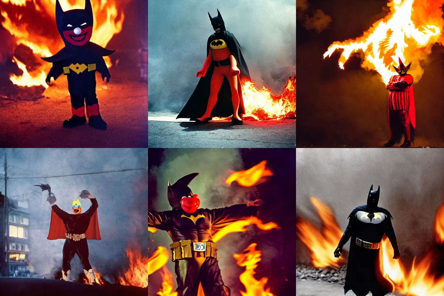 Prompt: documentary photo of clown batman on fire