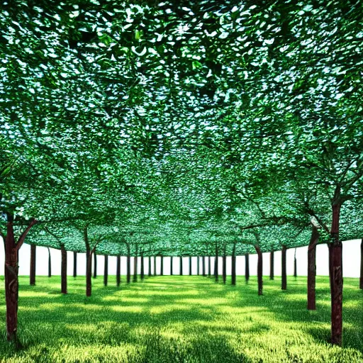 Prompt: photo of an orchard where the trees grow humans instead of fruits, photorealistic, futuristic, dystopian,