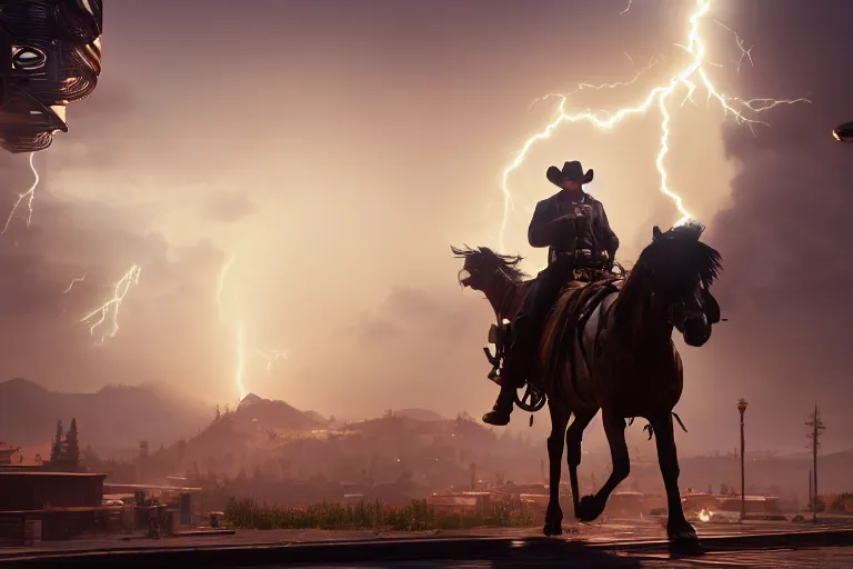 Prompt: photo from shoulder of a cowboy, riding a steampunk horse, on a futuristic shopping mall, cinematic lightning, ray tracing, unreal engine 5, photorealistic, 8 k, uhd, 4 k, red dead redemption 2 game concept, extremely detailed, beautiful, elegant, intricate, foggy, in - game footage