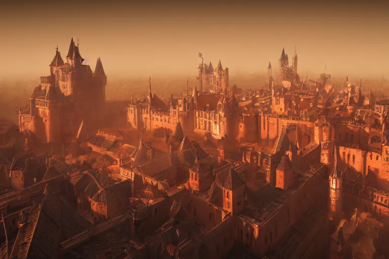 Prompt: medieval city with a huge castle in the center, red sun, top view, steampunk, mechanics, render, 8k, trending on artstation, volumetric light, lightrays, HDR, ambient occlusion, subsurface scattering, cinematic scene, steampunk style, fantasy