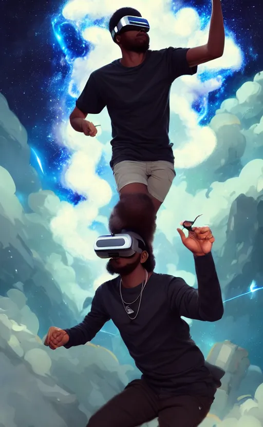 Image similar to handsome black genius hacking the metaverse, vr headset, white t - shirt and jordans, flying through spacetime, exploding nebulae, highly detailed, digital painting, artstation, concept art, smooth, sharp focus, illustration, art by wlop, uang guangjian and gil elvgren and sachin teng and greg rutkowski