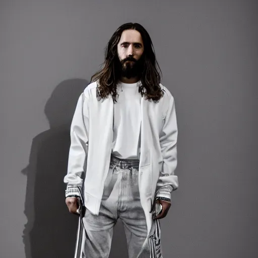 Image similar to a full body lookbook studio photo portrait of modern - day jesus wearing virgil abloh off - white menswear and sneaker collection, detailed, oil painting, hyper - realistic, 8 k, off - white collection