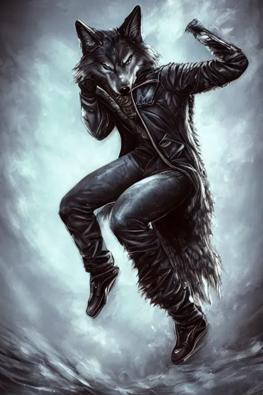 Image similar to A wolf with a small head wearing a leather jacket and leather jeans and leather gloves, trending on FurAffinity, energetic, dynamic, digital art, highly detailed, FurAffinity, high quality, digital fantasy art, FurAffinity, favorite, character art