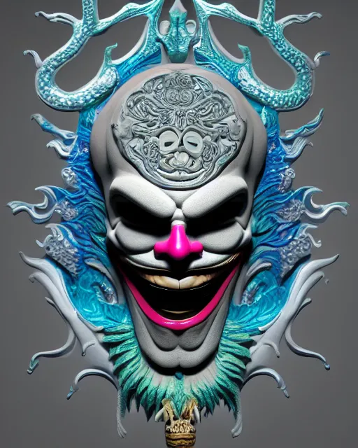 Prompt: 3 d ornate carved joker with tattoos profile portrait, sigma 5 0 0 mm f / 5. beautiful intricate highly detailed quetzalcoatl skull. bioluminescent, plasma, lava, ice, water, wind, creature, thunderstorm! artwork by tooth wu and wlop and beeple and greg rutkowski, 8 k trending on artstation