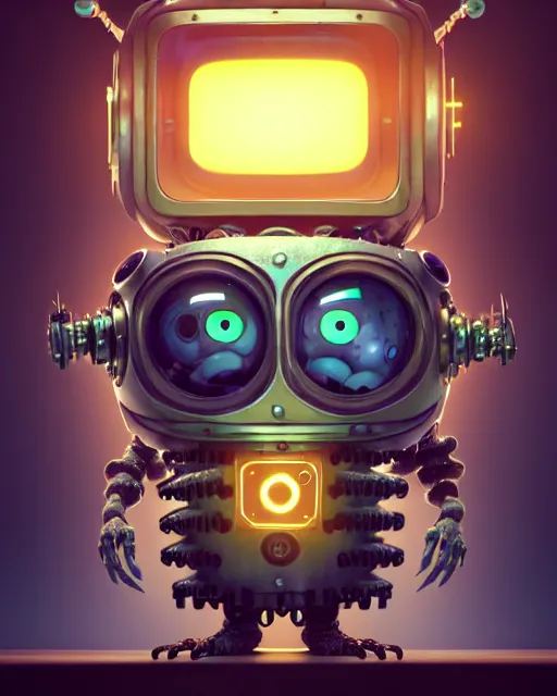 Image similar to a tiny cute cyberpunk monster with cogs rods bolts big eyes smiling waving, back view, isometric 3 d, ultra hd, character design by mark ryden pixar hayao miyazaki, unreal 5, daz, hyperrealistic, octane render, cosplay, rpg portrait, dynamic lighting, intricate detail, front lighting, cinematic, symmetrically isometrically centered