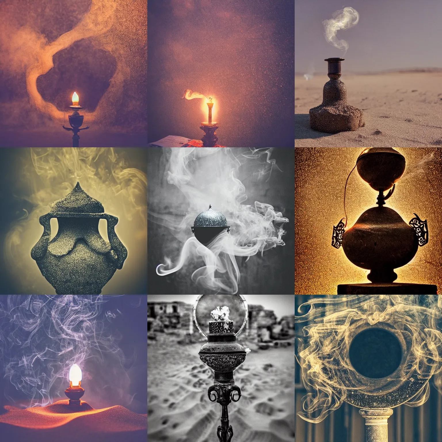 Prompt: “Magic smoke swirling dramatically out of an ornate oil lamp in the sand, Byzantine city, swirly smoke, surrounded by Byzantine ruins, air particles, glitter, cinematic, dramatic, rule of thirds, 50mm lens, bokeh”