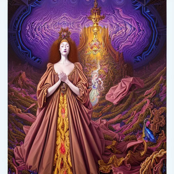 Prompt: beautiful oil painting, full length portrait of dauphinois in baroque coronation robes 1701, Dan Mumford, Dan Mumford, Alex grey, hyacinthe rigaurd, highly detailed , lsd visuals, dmt fractal patterns, hallucinogen, visionary art, psychedelic art, ornate, vaporwave, baroque, Greg rutkowski