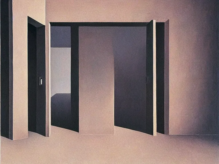 Image similar to an open door to nothingness in brick wall with endless hallway inside, painting by rene magritte, centered, high detail, high resolution