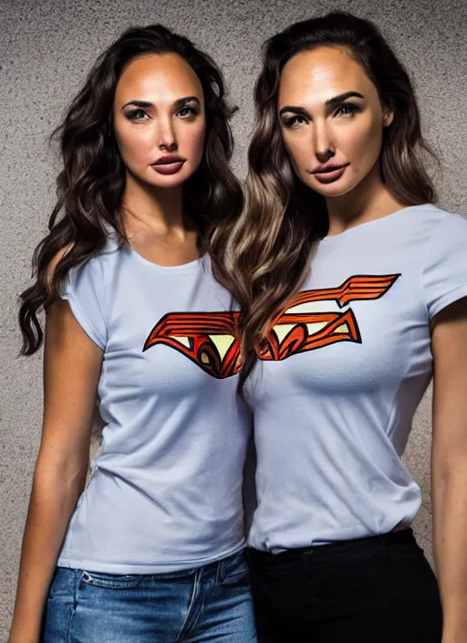 Image similar to portrait of lindsey pelas and gal gadot wearing t shirt in jakarta, by charlotte grimm, natural light, detailed face, beautiful features, symmetrical, canon eos c 3 0 0, ƒ 1. 8, 3 5 mm, 8 k, medium - format print, half body shot