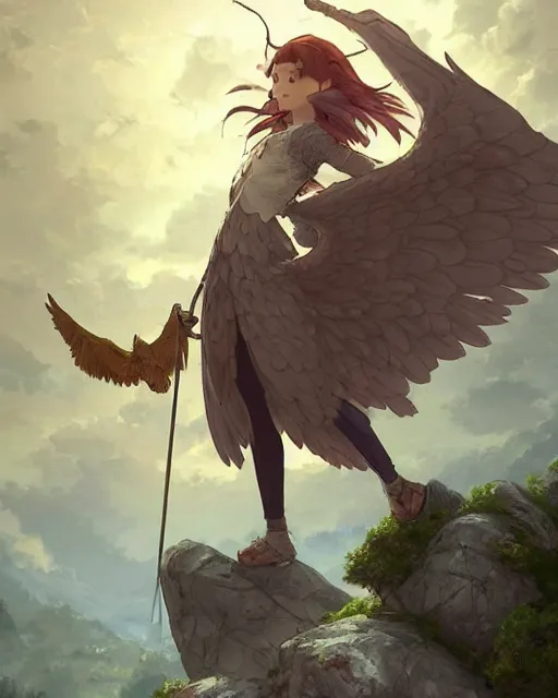 Image similar to a female anthropomorphic eagle warrior standing heroically on a rock. trees. She has two wings at her back. Atmospheric lighting, By Makoto Shinkai, Stanley Artgerm Lau, WLOP, Rossdraws, James Jean, Andrei Riabovitchev, Marc Simonetti, krenz cushart, Sakimichan, D&D trending on ArtStation, digital art.