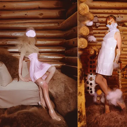 Prompt: medium format photograph of a surreal fashion shoot in a log cabin, camera flash