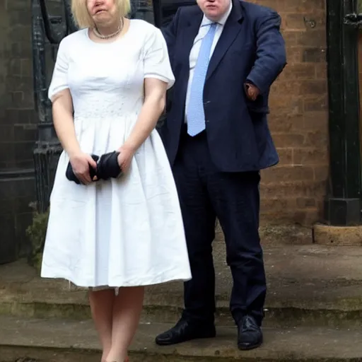 Image similar to boris johnson looking depressed while wearing a maid dress