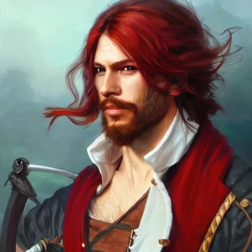 Prompt: portrait of a young pirate captain, male, masculine, handsome, upper body, red hair, long hair, D&D, fantasy, intricate, elegant, highly detailed, digital painting, artstation, concept art, sensual, matte, sharp focus, illustration, art by Artgerm and Greg Rutkowski and Alphonse Mucha