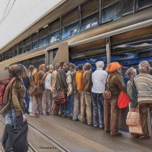 Image similar to A beautiful drawing of a group of people waiting at a railway station. The people in the artwork are all waiting for a train that is about to arrive. burnt umber by Heather Theurer monumental