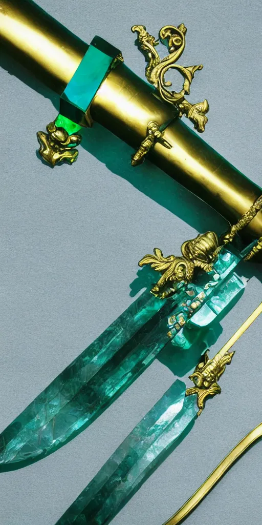Image similar to photograph of a wide green and teal crystal sword blade attached to a big gold sword hilt