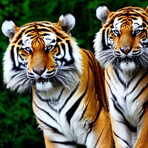 Image similar to two siberian tigers with bat wings posing like super models staring into your eyes with bright blue irises.