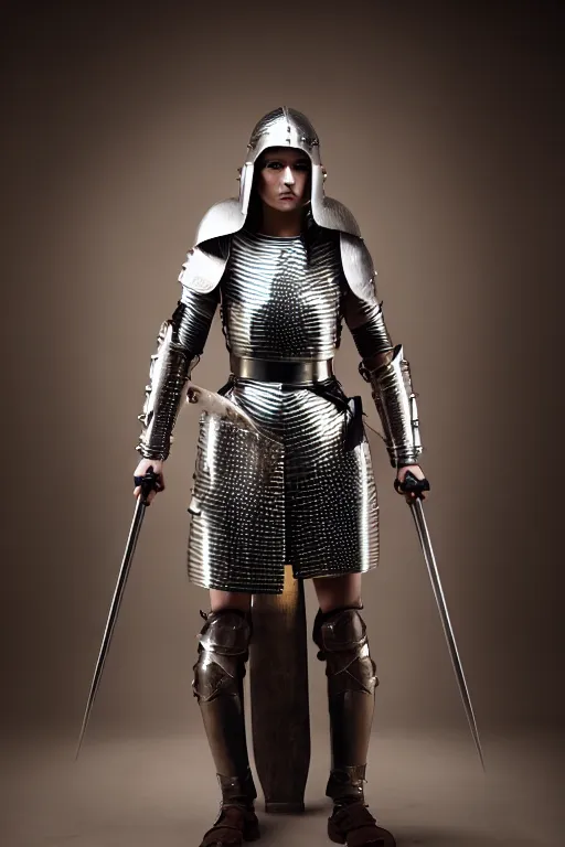 Image similar to female medieval warrior in light armor, by louis vuitton, luxury materials, symmetrical, cinematic, elegant, professional studio light, real dlsr photography, sharp focus, 4 k, ultra hd, sense of awe, high fashion