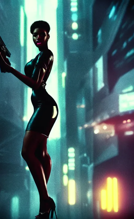 Prompt: hyper - realistic, a beautiful black femme fatale woman wearing a short dress and heels, holding a pistol, blade runner city, futuristic noir aesthetic, cinematic composition, cinematic colors, 3 5 mm film, roger deakins style, realistic film, no signature, 8 k