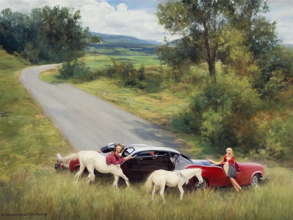 Prompt: 1950 blonde driving a mustang on a country road, Swedish countryside, painting by Vladimir Volegov, masterpiece