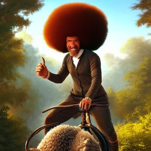 Image similar to bob ross!!! riding!!! a dinosaur!!, giant afro!, model pose, ultra realistic, concept art, intricate details, highly detailed, photorealistic, octane render, 8 k, unreal engine. art by artgerm and greg rutkowski and alphonse mucha