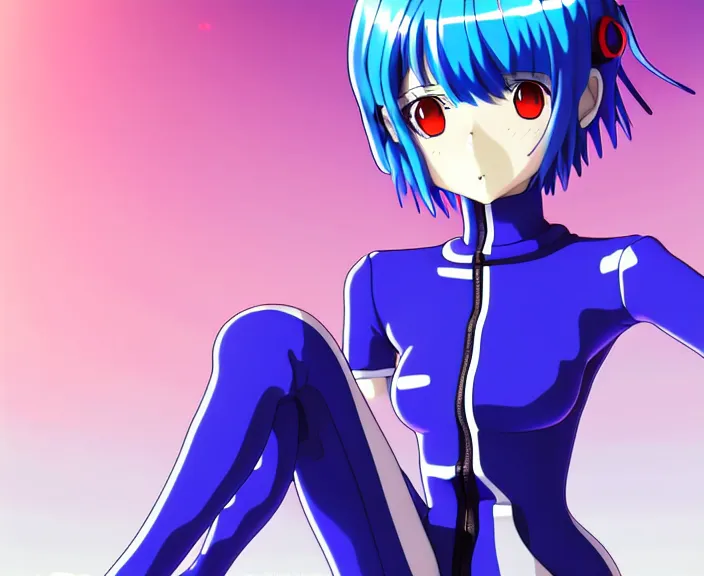 Image similar to anime art, fullbody shot of female rei ayanami, evangelion, long blue hair and large eyes, finely detailed perfect face, in a pale skintight plugsuit, sitting on rooftop, flooded city, trending on pixiv fanbox, by ilya kuvshinov, sola digital arts,, raytracing