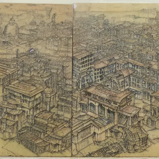 Image similar to sketches of kowloon walled city drawn by leonardo davinci on stained and crumbled paper, highly detailed, intricate, high quality scan