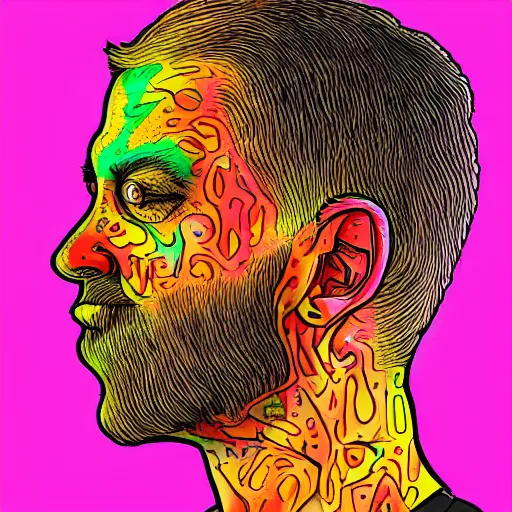 Image similar to man with a tab of lsd on his tounge, digital art by mad dog jones