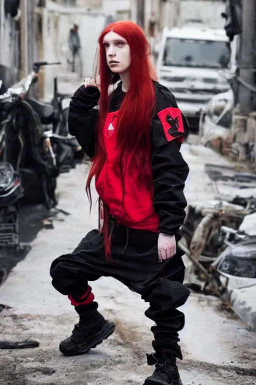 Image similar to beautiful red haired woman in techwear, warcore look and clothes, ACG, ACRNYM, Rick Owens, trending on r/streetwear, outfit photo, we see them from head to toe