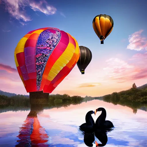 Image similar to photo of two black swans touching heads in a beautiful reflective mountain lake, a colorful hot air balloon is flying above reflecting off water, hot air balloon, intricate, 8k highly professionally detailed, centered, HDR, CGsociety