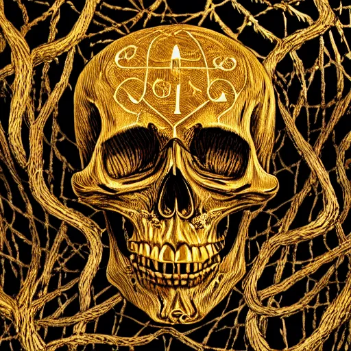 Image similar to chiaroscuro Still life photo of ray of light shining on golden skull completely etched with detailed and intricate ancient rune symbols, and overtaken by plant ivy filigree, in a Vast jungle background, by ayami kojima