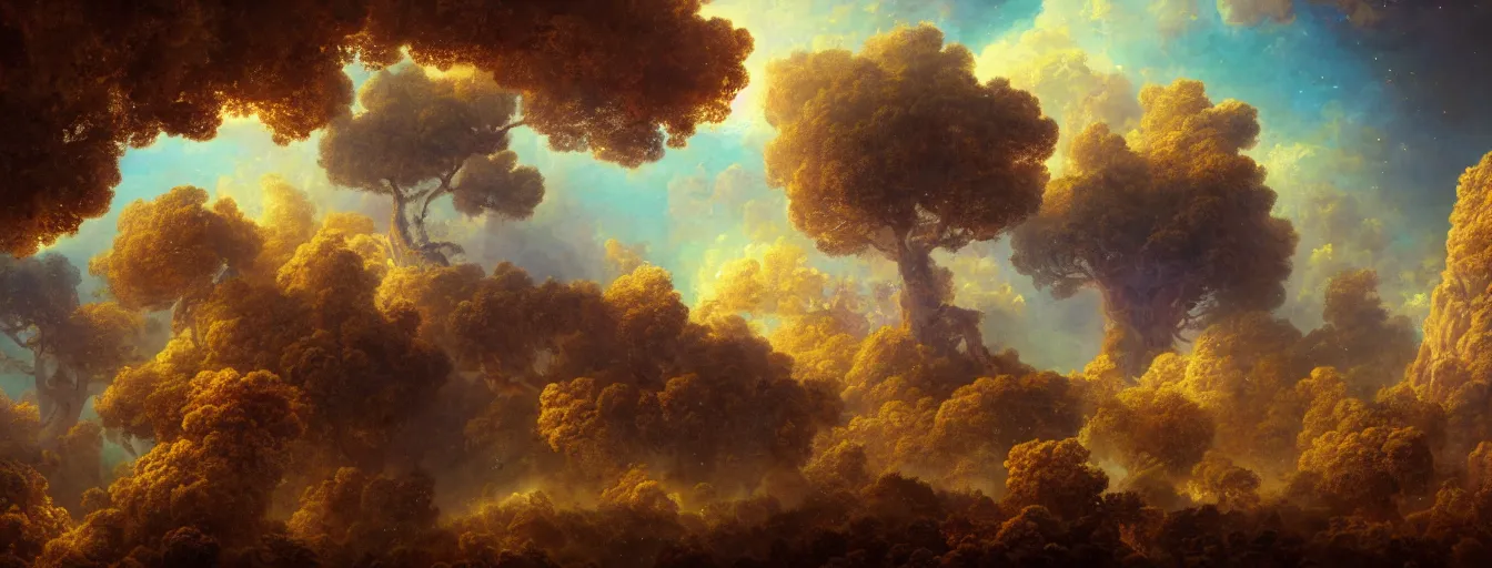 Image similar to a beautiful landscape painting of steampunk landscape, a junk nebula in the sky, galaxies visible, giant trees and colourful flowers, by jean - honore fragonard and don bluth and makoto shinkai, light rays, trending on artstation, octane render