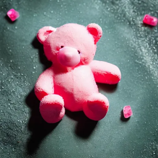 Image similar to realistic photograph of a cute pink teddy bear under a shower of gummy candies, outdoor, noontime, 85mm