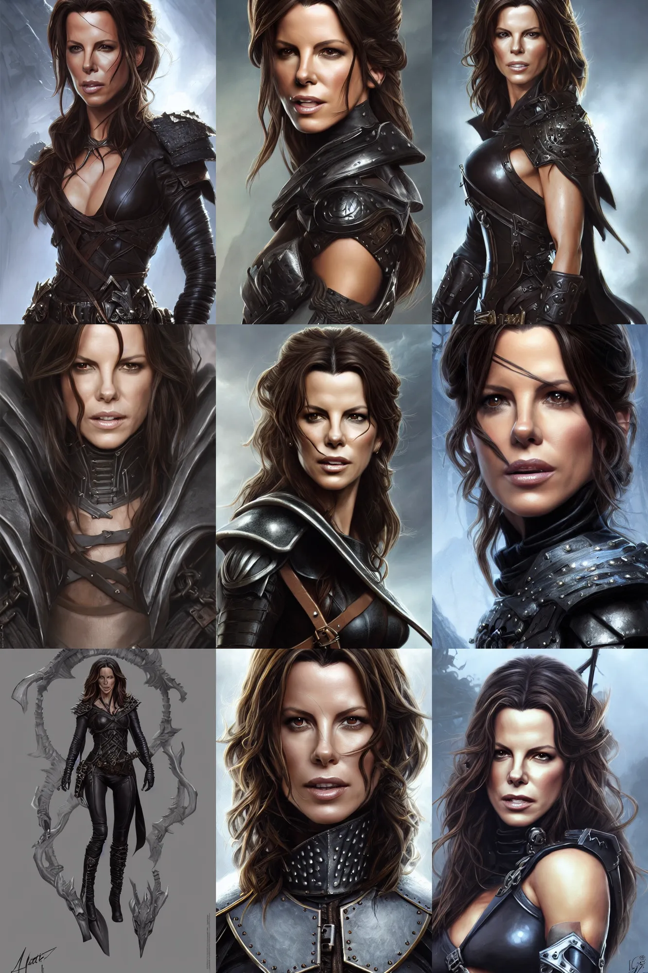 Prompt: detail portrait kate beckinsale as dnd thief, weared in leather armor, highly detailed, d & d, fantasy, highly detailed, digital painting, trending on artstation, concept art, sharp focus, illustration, art by artgerm and greg rutkowski and magali villeneuve