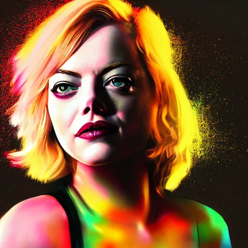 Image similar to portrait of emma stone made out of exploding paint, punk rock women, short blond hair, octane render, highly detailed, realistic, beautiful, splashes of neon, comic book art