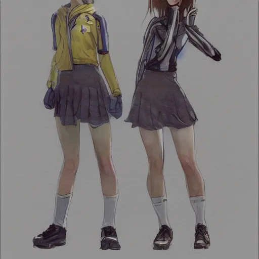 Prompt: a perfect, realistic sci-fi professional digital concept sketch of two Japanese schoolgirls posing, in style of Marvel, full length, by pen and watercolor, by a professional American senior artist on ArtStation, a high-quality hollywood-style sketch, on high-quality paper