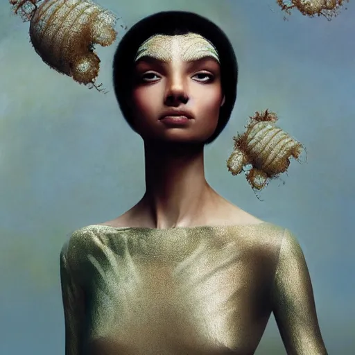 Image similar to a cluse - up shot of a brown - skinned woman wearing a luminous armor made of jelly fishes. soft. fragile. haunting eyes!! coherent face!! no makeup!! by ray caesar. by louise dahl - wolfe. by andrea kowch. surreal photography