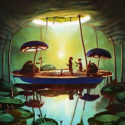 Prompt: a beautiful painting of a large underground lake with giant lily pads scattered across the surface with a rustic communal cabin sitting on an island with inviting lights illuminating the water and cave by moebius