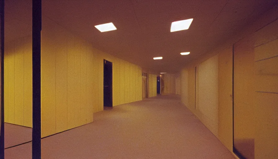 Image similar to 60s movie still of an empty sauna corridor fade yellow light and light blue tiles floor, cinestill 800t 50mm eastmancolor, liminal Space style, heavy grain