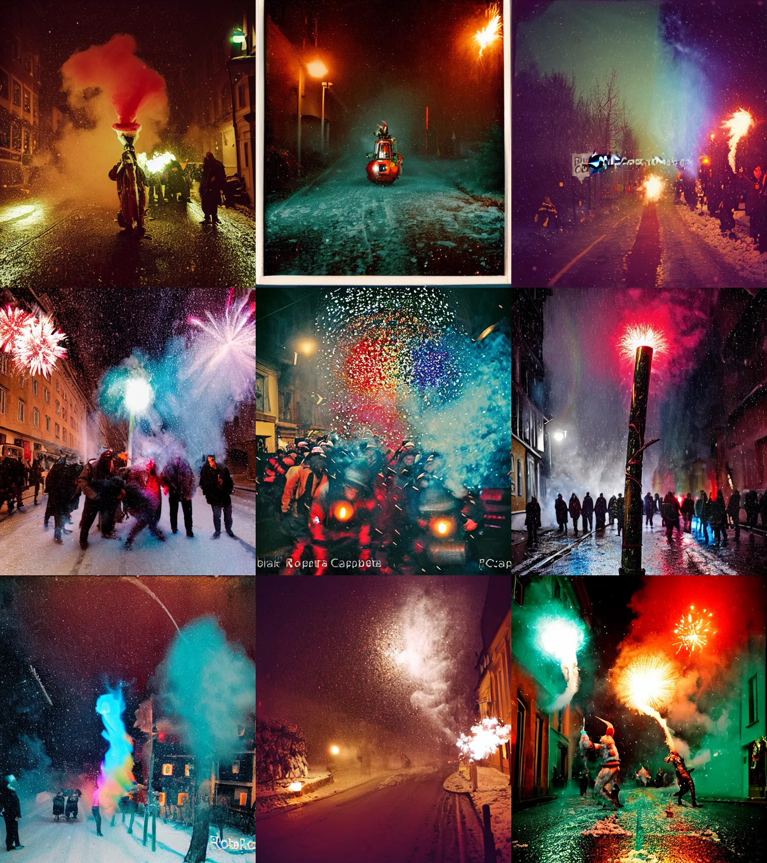 Image similar to kodak portra 4 0 0, wetplate, winter, snowflakes, rainbow coloured rockets, chaos, glitter tornados, award winning dynamic photo of a bunch of hazardous krampus between exploding fire barrels by robert capas, motion blur, in a narrow lane in salzburg at night with colourful pyro fireworks and torches, teal lights