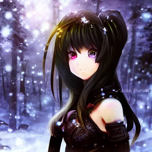 Image similar to focus face portrait of beautiful darkness knight 3D anime girl as a kignt, dark forest background, snowing, bokeh, inspired by Masami Kurumada, digital painting, high contrast, unreal engine render, volumetric lighting, high détail