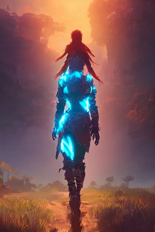 Image similar to combination suit armor aloy horizon forbidden west horizon zero dawn radiating a glowing aura global illumination ray tracing hdr fanart arstation by ian pesty and alena aenami artworks in 4 k tribal robot ninja mask helmet backpack