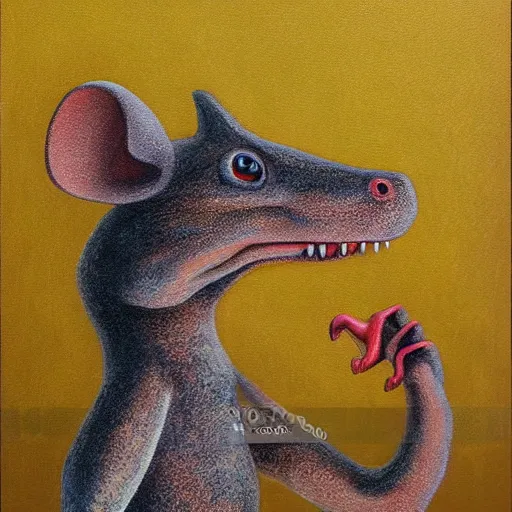 Prompt: dinosaur mouse, scary pose, retro painting