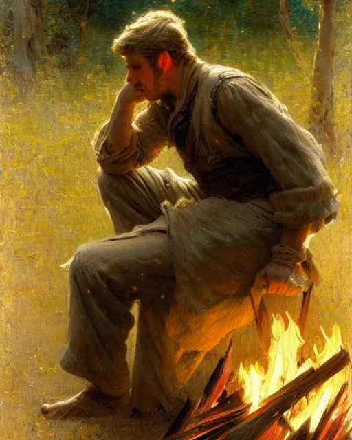 Prompt: very very attractive man counts the stars from beside the fire, his tent is nearby, melancholy, nostalgia, painting by gaston bussiere, craig mullins, j. c. leyendecker