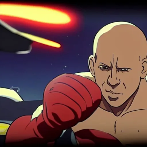 Prompt: long shot of tiny vin diesel as saitama punching a car into space