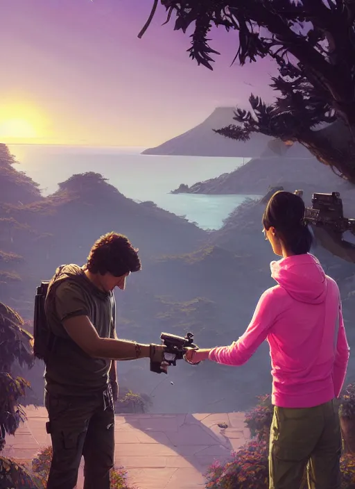 Prompt: highly detailed portrait justin trudeau in ( ( pink hoody ) ) holding ar - 1 5! ( setting costa rica ) in gta v stephen bliss unreal engine fantasy art by greg rutkowski loish rhads ferdinand knab makoto shinkai lois van baarle ilya kuvshinov rossdraws tom bagshaw global illumination radiant light detailed intricate environment